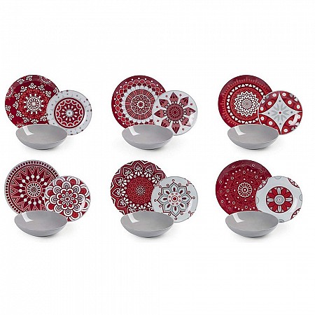Mandala Rosso Servizio Tavola, Porcellana, Multicolore, 18 Unità Excelsa