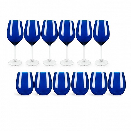 Set 12 bicchieri calice vino e bicchiere acqua in Vetro colore Blu cobalto Excelsa