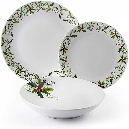 Servizio piatti porcellana decorata Christmas Holly 18 pezzi Excelsa