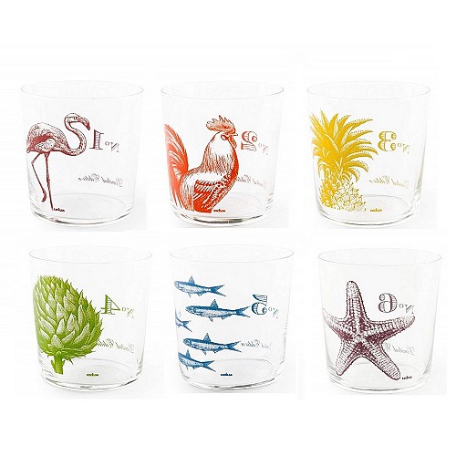 Bicchiere acqua vetro decorato fantasia FLORA ET FAUNA set 6 pezzi
